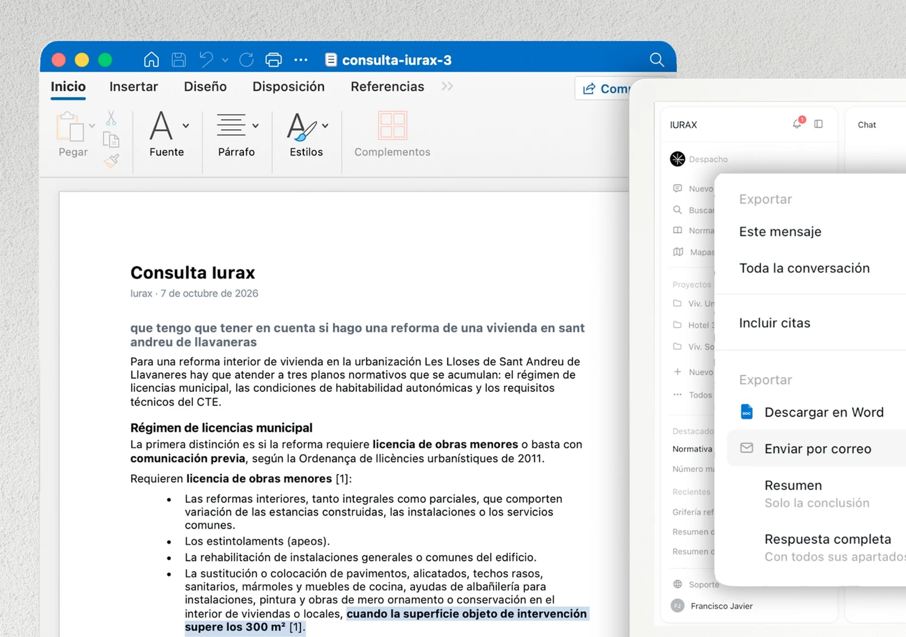 La respuesta exportada a Word, con sus citas, y el menú de exportación al lado