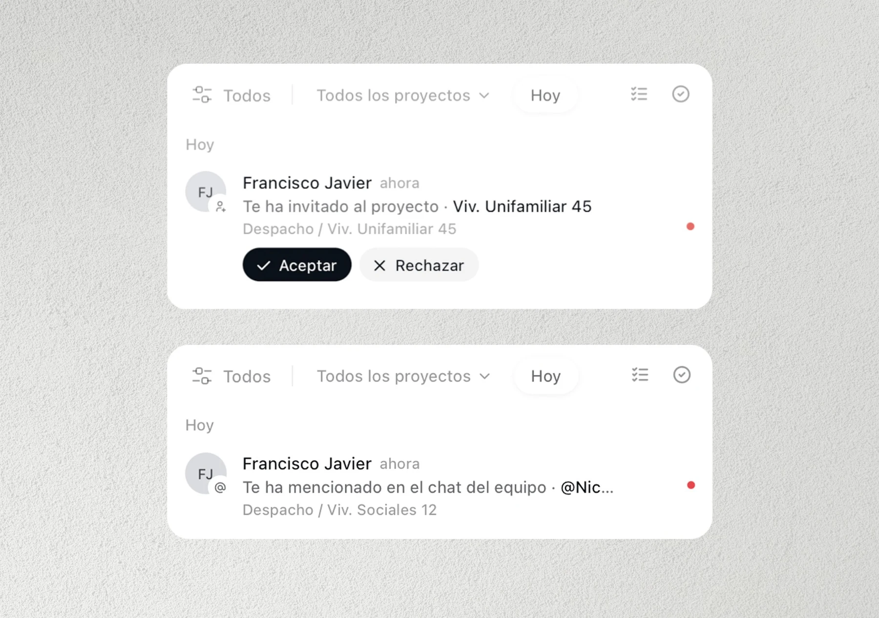 Avisos de invitación a un proyecto y de mención en el chat del equipo
