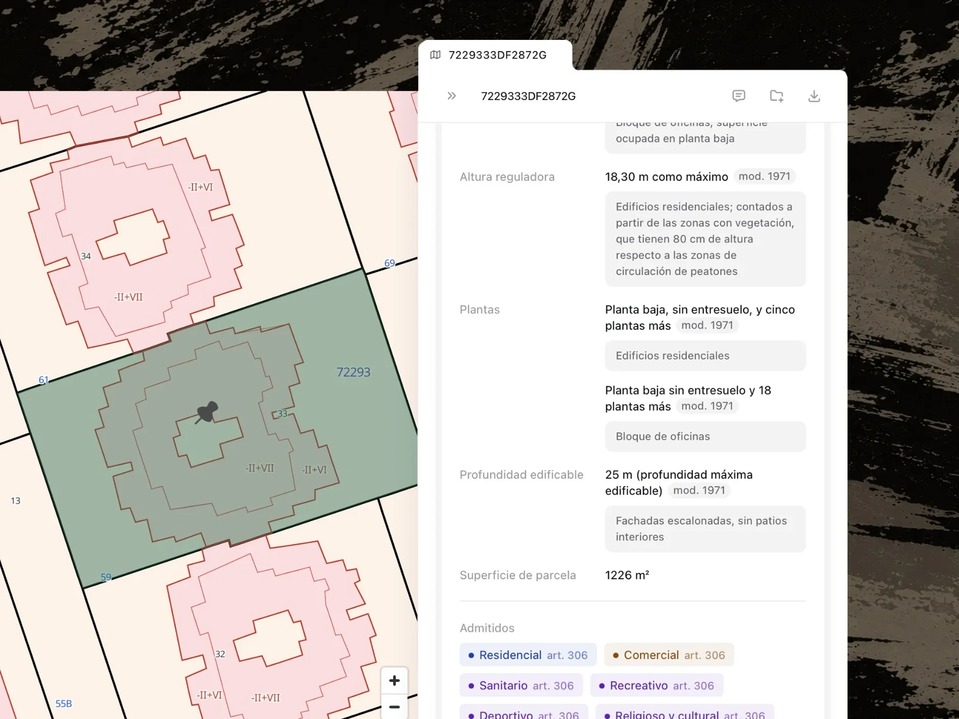 Una parcela sobre el plano con su ficha de parámetros al lado